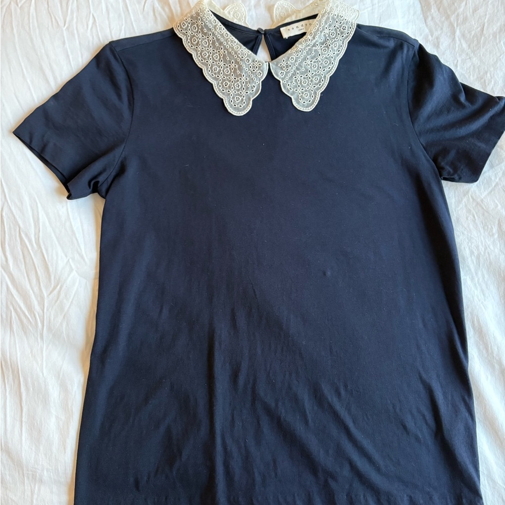 Sandro Navy Blouse with Cream Lace Detail